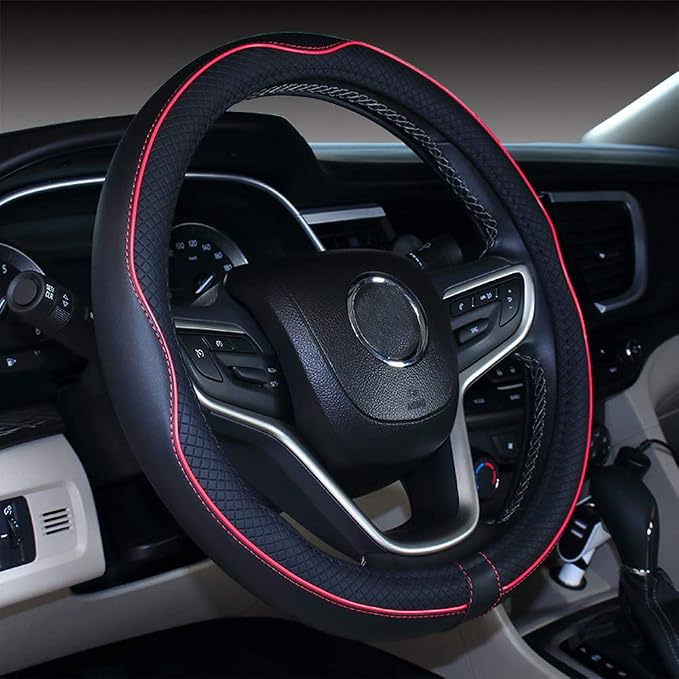 Mayco Bell Small Size Steering Wheel Cover Anti-Slip,Safety,Soft,Breathable,Durable,Full Surround,Comfortable Grip Microfiber Leather (14-14.25 inch,Black Red)