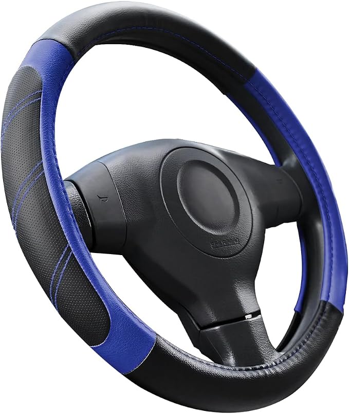 Osilly Car Steering Wheel Cover, 14.5-15" Leather Breathable Anti-Slip Stylish Steering Wheel Protector, Comfortable Auto Interior Decoration Accessories, Universal for SUV Van Truck (Black Blue)