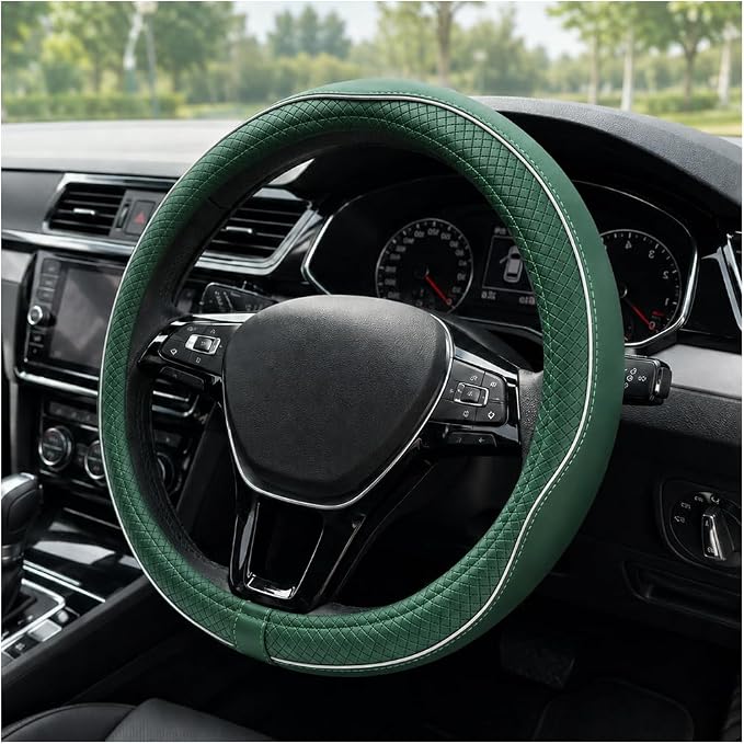 Car Steering Wheel Cover, 15 Inch Anti-Slip Breathable Leather Auto Steering Wheel Protector, Full Surround Soft Steering Wheel Cover for Men Women, Car Interior Accessories (Green & White)