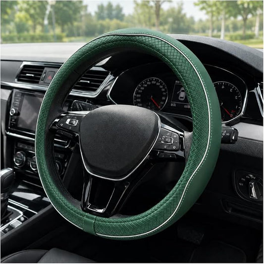 Car Steering Wheel Cover, 15 Inch Anti-Slip Breathable Leather Auto Steering Wheel Protector, Full Surround Soft Steering Wheel Cover for Men Women, Car Interior Accessories (Green & White)