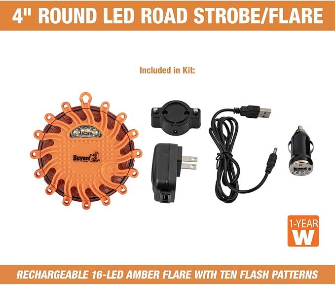 Buyers Products 8891016, 4 Inch Amber Rechargeable LED Road Strobe Flare, 16 LED Warning Light with 9 Flash Patterns, Waterproof Magnetic Emergency Safety Light for Trucks Marine and Roadside Use