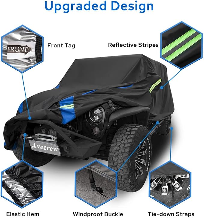 Avecrew for Jeep Wrangler Cover Waterproof 4 Door, All Weather for Jeep Rain Cover for Automobiles, Outdoor Full Exterior for Jeep Covers Fits JK JL TJ YJ CJ