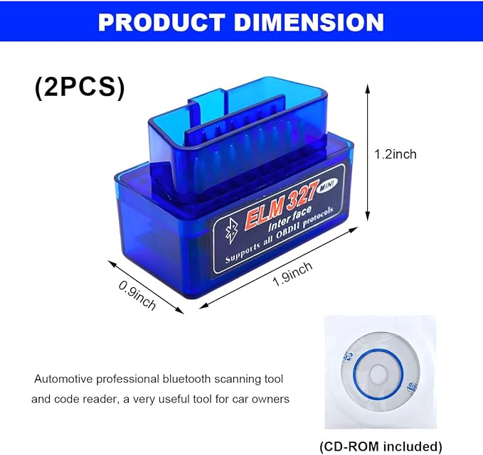 2 PCS ELM327 OBDII Car Auto Diagnostic Scanner, Professional Wireless Bluetooth Scan Tool Failure Detector, OBD2 Engine Fault Code Reader for Android Windows, Car Accessories