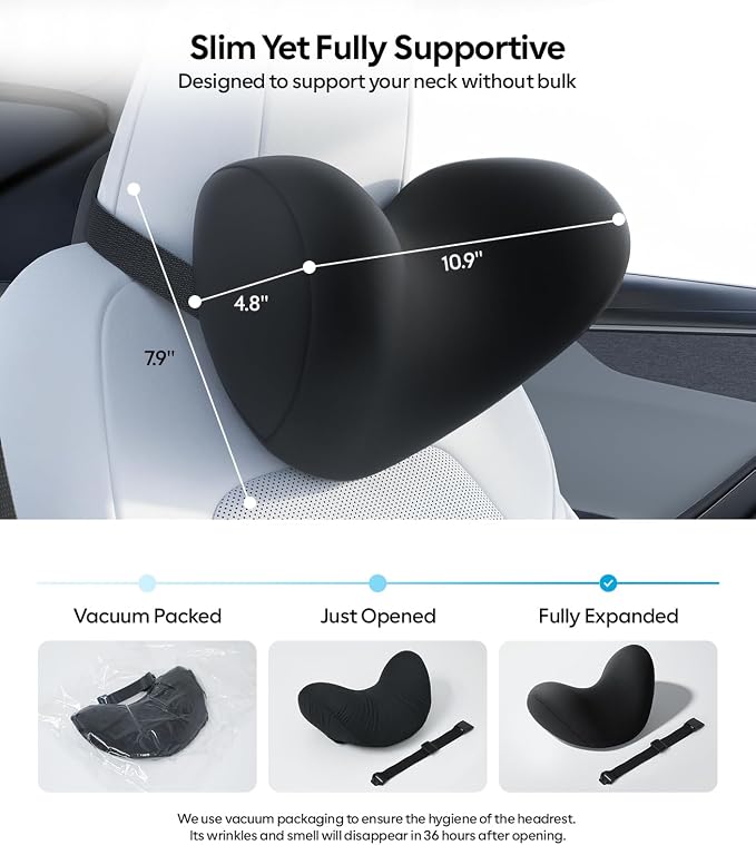 Wigoo Ergonomic Car Neck Pillow [Slim Upgrade, No Neck Pain] Odorless Memory Foam Car Headrest Pillow with 4 Adjustable Straps, Removable Cover, Fits All Cars (Black 2-Pack)