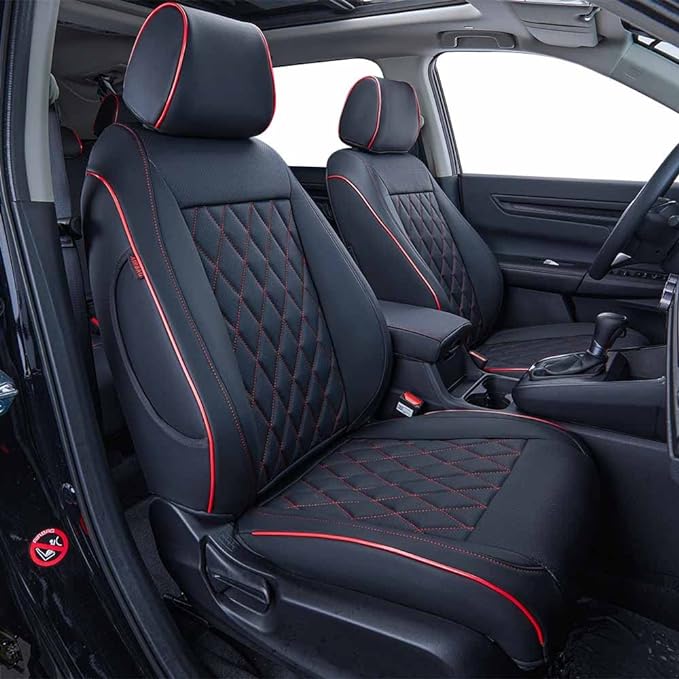 EKR Car Seat Covers for Honda CRV 2023-2026 Leatherette Full Set | Custom Fit for Honda CRV 2023 2024 2025 2026 Easy-Wipe Protection,Faux Leather(Black with Red Piping)