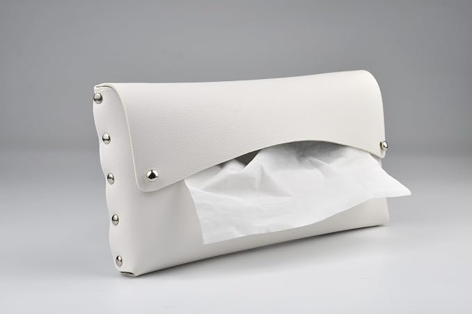 Car Tissue Holder, Tissue Case for Sun Visor, PU Leather Backseat Napkin Holder with Clips (White)