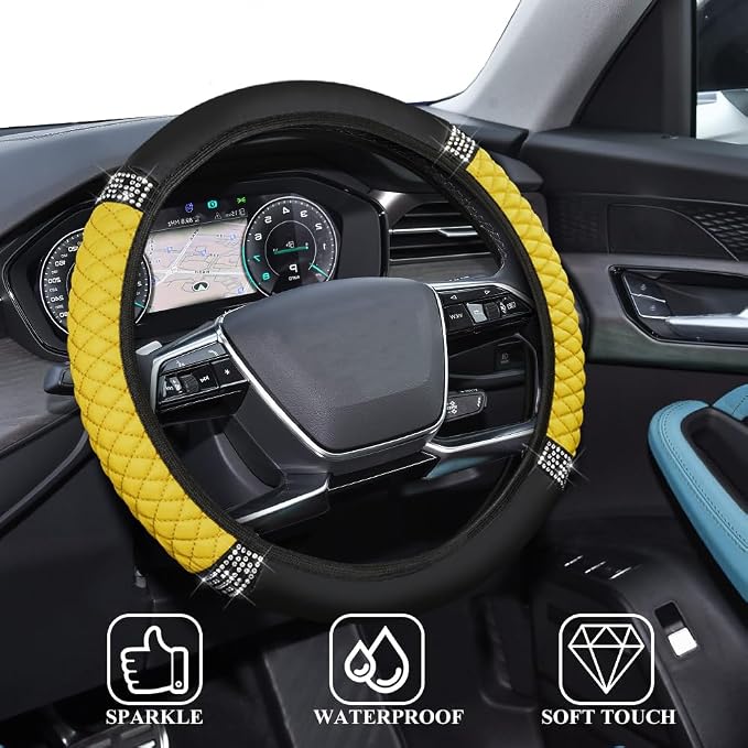 Bling Soft Leather Steering Wheel Cover, 15 Inch Colorful Rhinestones Auto Elastic Steering Wheel Protector for Women Girls, Car Accessories Anti Slip Steering Wheel Cover for Cars, SUVs (Yellow)