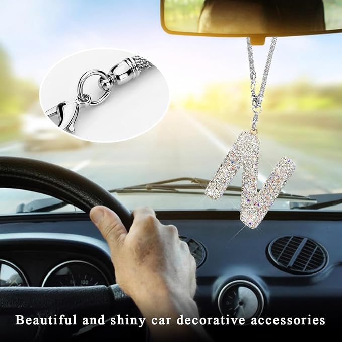 DXNQ Bling Initial Car Rear View Mirror Ornament, Crystal Sparkling Cute Letter Charm Pendant Auto Decor, Hanging Lucky Diamond Initial Charm Car Mirror Bag Ornament for Girl Women (Letter N)