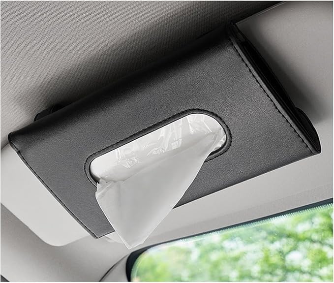 Car Tissue Holder, Vehicle Sun Visor Napkin Box Hanging Paper Towel Dispenser with Tissues Refill, Leather Backseat Paper Towel Case Visor Napkin Storage Holder for Most Cars (Black)