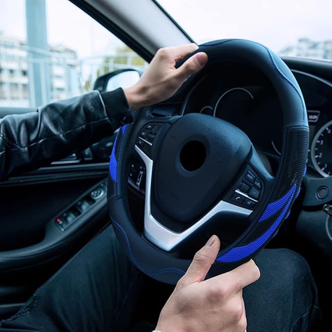 Alusbell Microfiber Leather Steering Wheel Cover Breathable Auto Car Steering Wheel Cover for Men and Women Universal 15 Inches (Blue)