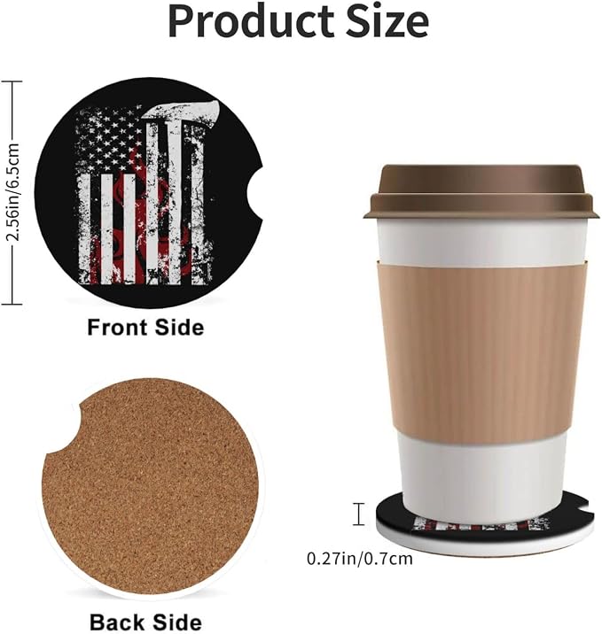 American Flame Axe Firefighter Flag Absorbent Ceramic Car Coasters 2 Pack Round Insert Cupholder Coaster Car Cup Holder Mat With Finger Notch Anti-Slip Cork Base Reusable Drink Coasters 2.56 in