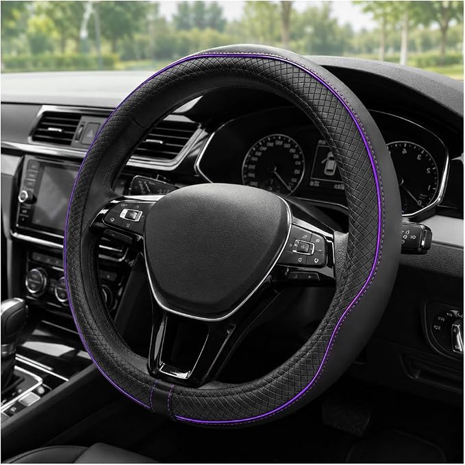 Car Steering Wheel Cover, 15 Inch Anti-Slip Breathable Leather Auto Steering Wheel Protector, Full Surround Soft Steering Wheel Cover for Men Women, Car Interior Accessories (Black & Purple)