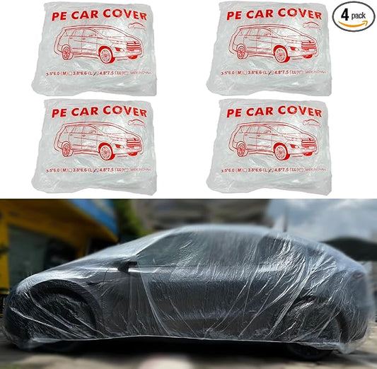 4 Packs Disposable Car Cover Clear Plastic Car Cover Universal Rain Dust Garage Cover with Elastic Band Medium (12.4 FT x 21.6 FT)