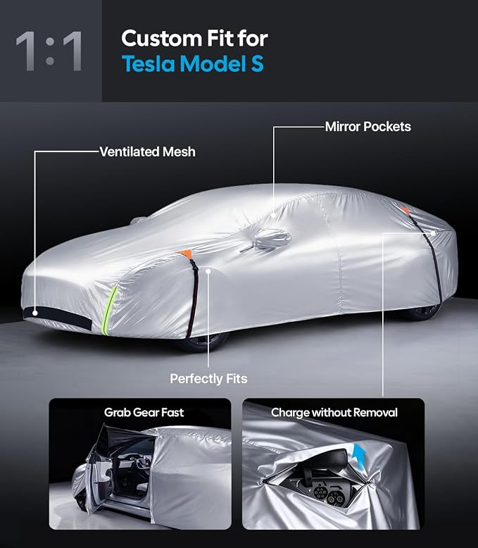 Wigoo Tesla Model S Car Cover Accessories 2012-2026, Custom Fit Waterproof All Weather Outdoor Full Car Cover, Windproof UV Rain Snow Dust Protection, Door Zipper, Charging Port, Ventilated Mesh
