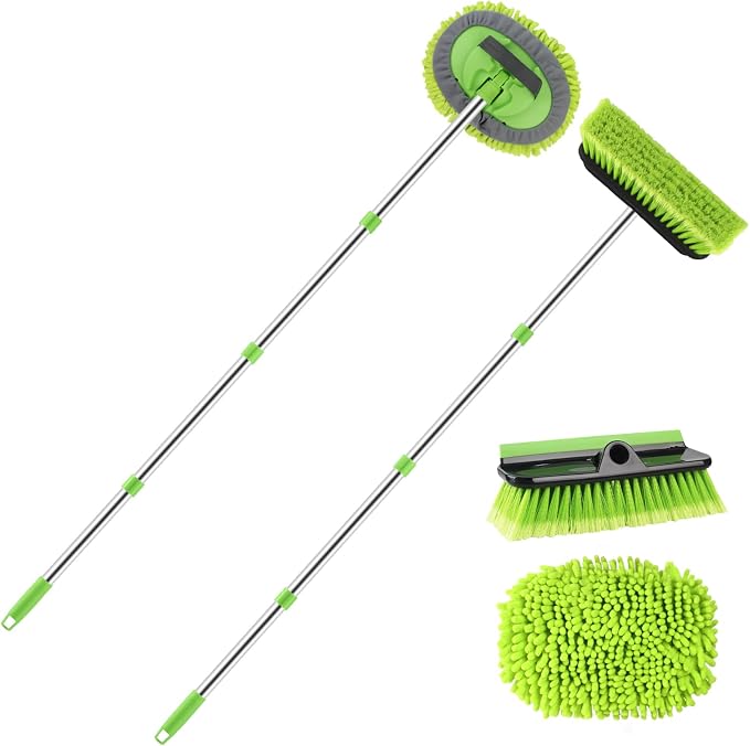 2 Pack Car Wash Brush with 62" Long Handle for Exterior Truck, RV, Boat | Microfiber Car Wash Mop and Car Washing Brush Combo, Soft Bristle Cleaning Brush, Rubber Squeegee, Car Cleaning Kit for Home