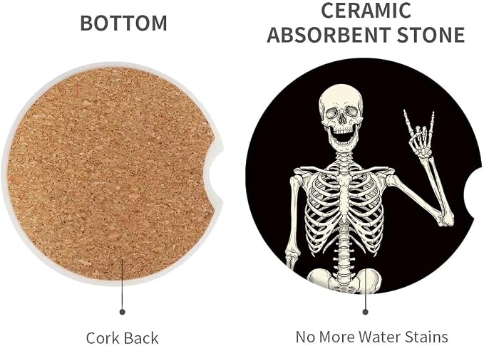 Britimes Absorbent Car Coasters 2 Pack for Cup Holders, 2.56" Ceramic Stone & Non-Scratch Cork Base Drink Coasters Human Skeleton