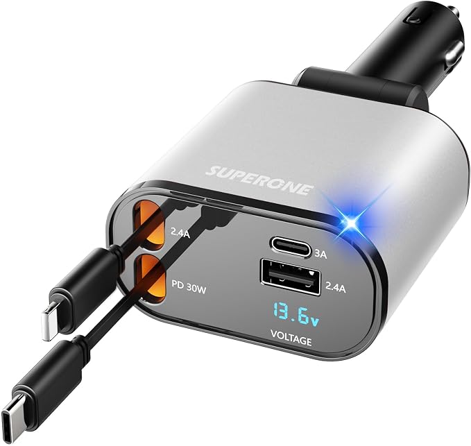 [Upgraded] SUPERONE Retractable Car Charger 4 in 1 Fast Car Phone Charger | USB C and Apple Multi Car Adapter with Cord 2.6ft, Compatible with iPhone 17 16 15/15 Pro Max/14/13/12/11, Galaxy, Pixel