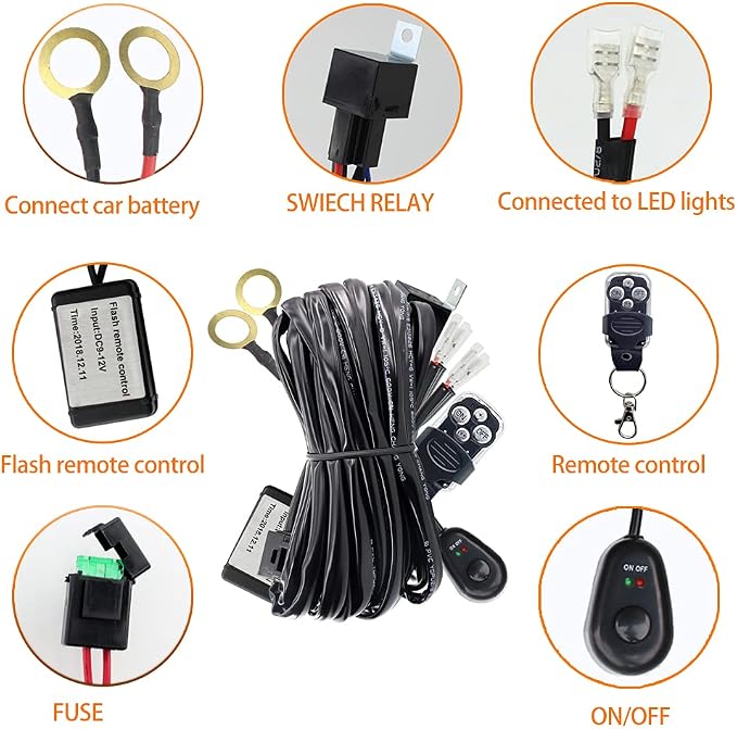 LED Work Lights Bar Remote Wiring Harness Kit 12V 40A LED Lights Remote Wiring Harness Switch Relay 14AWG Core Cable Harness 2 Leads fit for Car Fog Lights Work Driving Lights Bar