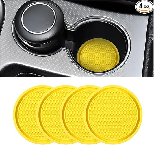 4 Pack Cup Holder Coaster, 2.75 Inch Diameter Non-Slip Universal Insert, Durable Car Accessory for Most Interiors, Suitable for Women and Men (Yellow)
