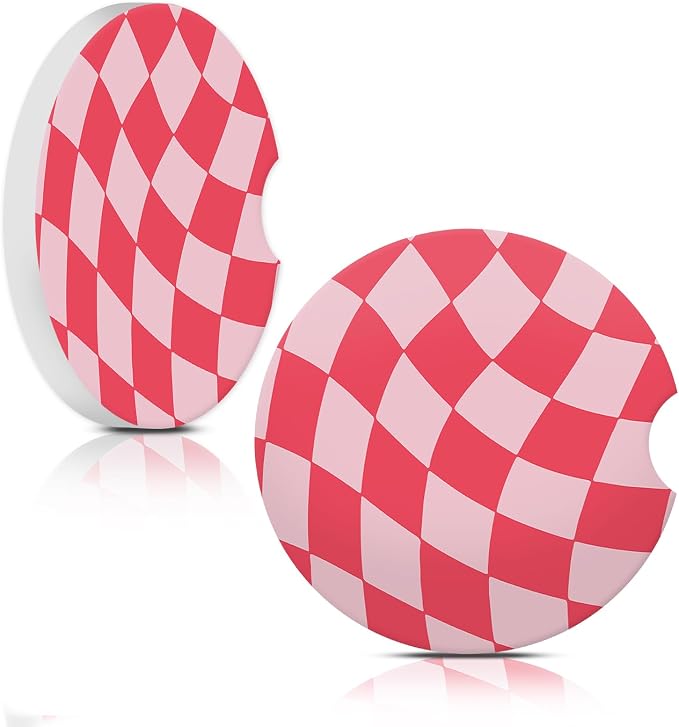 hot Pink Checkerd Car Coasters for Cup Holder Absorbent Ceramic Cup Coaster 2 Pack Anti Slip Car Interior Accessories with Finger Notch Cork Base for Women Men 2.56"