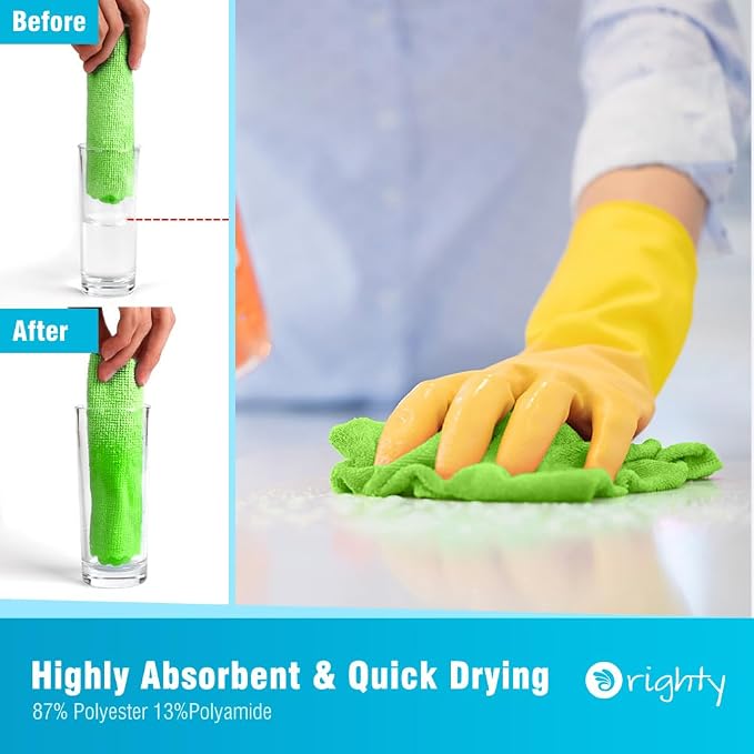 Orighty Microfiber Cleaning Cloth - 24 Pack, Green Cleaning Rags 12x11 inch | Microfiber Towels for Cars, Highly Absorbent Household Cleaning Supplies, Reusable Lint Free Cloths for House, Kitchen