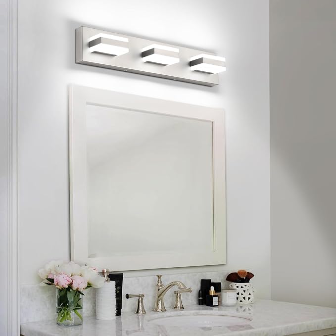 SOLFART Bathroom Vanity Lights Over Mirror Brushed Nickel Bathroom Light Fixture 3 Light Led Lights for Bathrooms Vanity Lights for Bath Nickel ETL Listed
