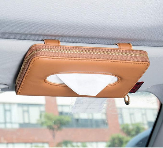 Sun Visor Tissue Holder, PU Leather Backseat Napkin Case for Car Vehicle with Zipper (Brown)