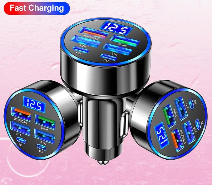 USB-C 6-Port Super Fast Car Charger with LED Voltage Monitor | Multi-Device Cigarette Lighter Adapter Compatible with iPhone, Samsung, Huawei, OnePlus, Oppo & Vivo Phones (Pack of 2)