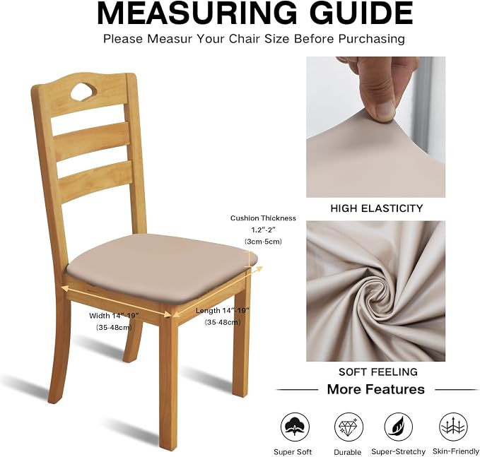 Leather Stretch Chair Seat Covers with Elastic Ties,Waterproof Dining Room PU Leather Chair Cover Seats,Removable Washable Chair Protector Seat Cushion Slipcovers for Home,Kitchen (khaki, 2 PCS)