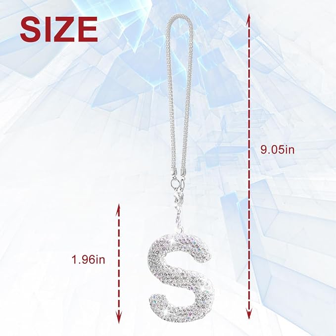 Bling Car Letter Charm, Crystal Rhinestone Rear View Mirror Hanging Ornament, Cute Lucky Diamond Automotive Interior Pendant Decoration Accessories, Universal for Vehicles(S)