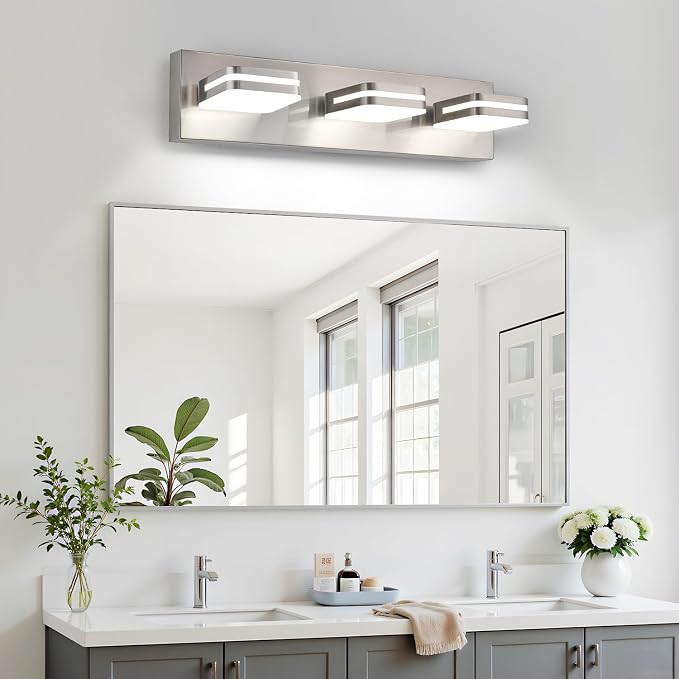 Torondo 360° Rotate LED Bathroom Vanity Light Fixtures, Acrylic Vanity Lights for Bathroom, Modern Wall Lighting Fixtures Over Mirror Living, Brushed Nickel, Natural White, 3-Light, 17-Inch