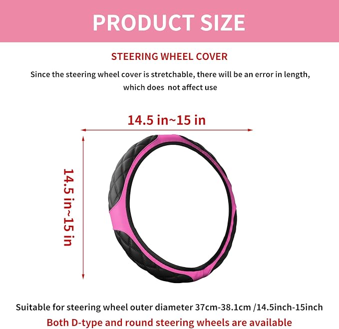 15 Inch Leather Steering Wheel Cover, Automotive Accessories Breathable Anti-Slip Elastic Soft Wheel Protector, Fit for Most SUVs Trucks and RVs (Pink)