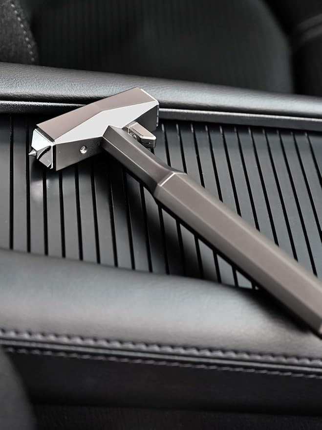 Window Breaker Seatbelt Cutter for Car Tungsten-Titanium – Shatters Double-Layer Laminated Glass, 90HRA Alloy Tip, All-Metal Glass Breaker and Seatbelt Cutter Safety Tool, Gray