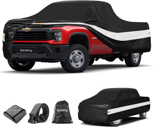 10 Layers Truck Cover Waterproof All Weather Custom Fit Chevrolet Silverado 2500 3500 Extended/Crew Cab Short Bed, Outdoor Full Exterior Pickup Car Cover Sun Rain Snow Protection. Black