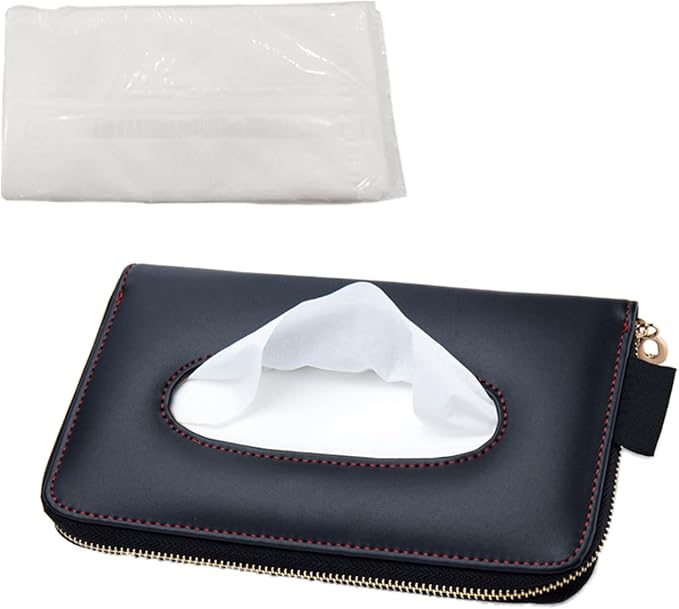 Car Tissue Holder, Leather Car Sun Visor Napkin Box with Tissue Refill, Auto Backseat Paper Carton Mask Dispenser with Zipper, Universal Hanging Vehicle Towel Clip for RV, SUV, Truck (Black)