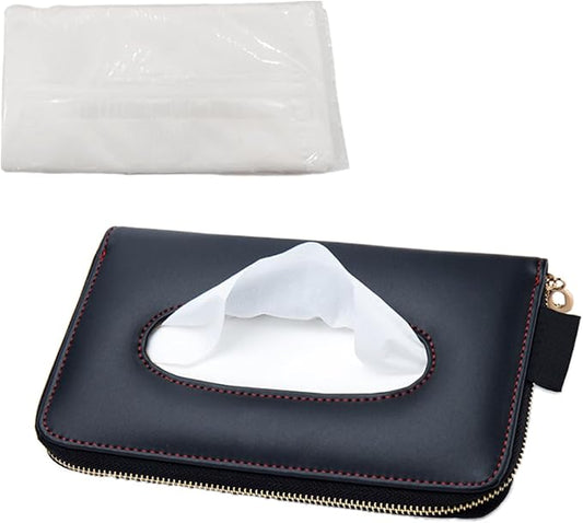 Car Tissue Holder, Leather Car Sun Visor Napkin Box with Tissue Refill, Auto Backseat Paper Carton Mask Dispenser with Zipper, Universal Hanging Vehicle Towel Clip for RV, SUV, Truck (Black)