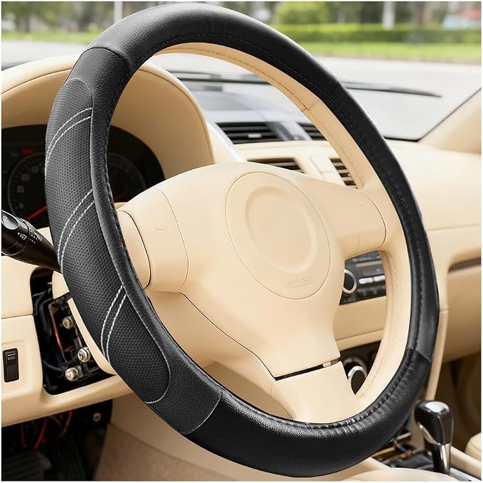 Car Steering Wheel Cover, 15 Inch Leather Breathable Auto Wheel Protection Cover with Non-Slip Lining, Padded Soft Grip Vehicle Steering Protector, Universal Fit (Black)