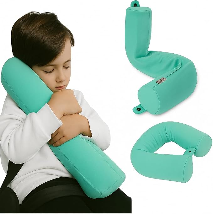 Dot&Dot Twist Memory Foam Kids Travel Pillow, Bendable Neck Pillow for Airplane, Car and Home, 23-Inch Adjustable Roll with Washable Cotton Cover, Green