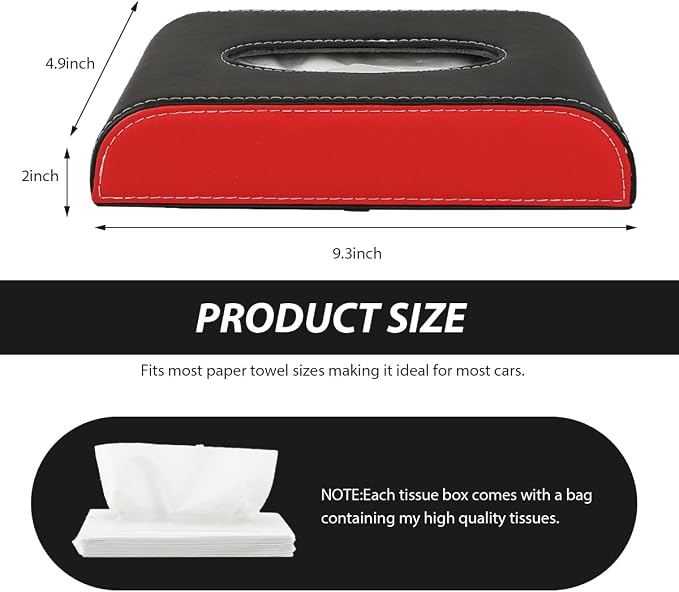 Car Tissue Holder, Rectangular Leather Sun Visor Napkin Case with Tissue Refill, Universal Mask Dispenser Hanging Paper Towel Organizer for Most Vehicles, Car Accessories (Black & Red)