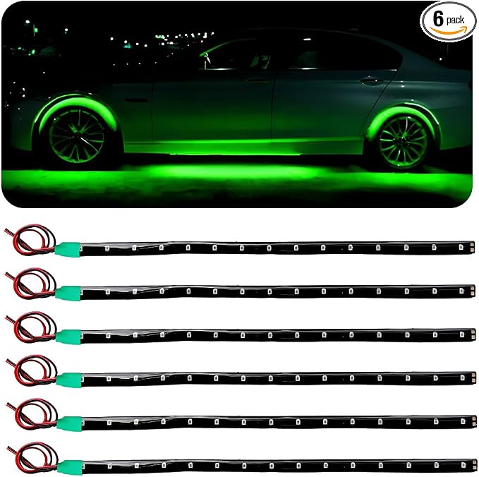 Wevdn 6 PCS 15 LED Strip Underbody Light, DC 12V 1Ft Flexible Underglow Car LED Light Strip with 6 Inch Wire, Waterproof LED Interior Exterior Decoration for Car Truck Motorcycle (Green)