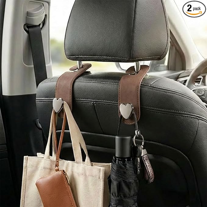 2PCS Cute Heart Car Seat Headrest Hook, Suede Leather Car Seat Back Storage Hanger for Purse and Bag, Universal Vehicle Interior Organizer Accessories for SUV, Truck(Brown)