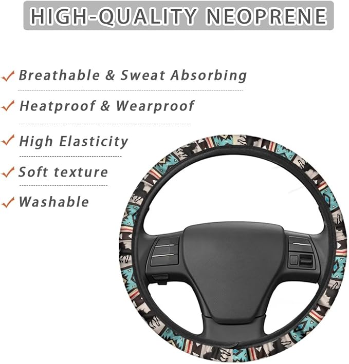 Wanyint Aztec Horse Blue Car Steering Wheel Cover Universal 15 Inch Steering Wheel Wrap Anti-Slip Soft Elastic Decorative Auto Accessories All Weather Protection