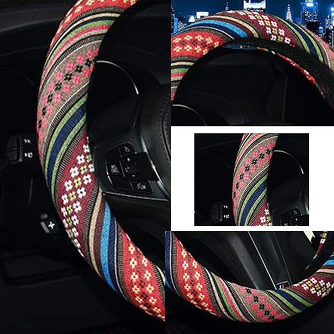 SHIAWASENA Car Steering Wheel Cover, Coarse Flax Cloth, Ethnic Style, Universal 15 Inch Fit, Anti-Slip Sweat-Absorbent (F#)