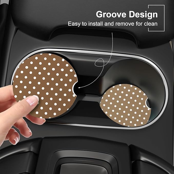 Ceramic Car Coasters – Absorbent Car Cup Holder Coaster Set for Women, Cute Aesthetic Car Accessories for Girls, 2 Pack (Tobacco Brown)