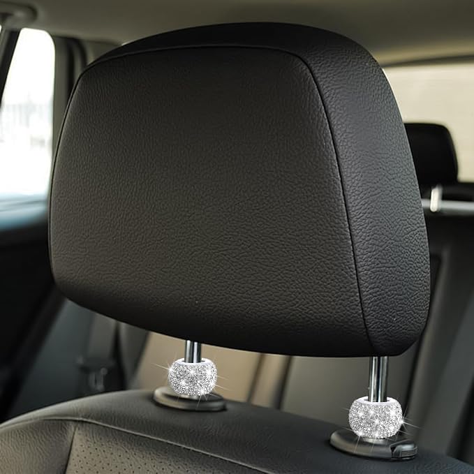 4PCS Bling Car Headrest Collars, Crystal Rhinestone Vehicle Head Rest Collars Decorative Rings, Diamond Automotive Seat Interior Charms Accessories, Universal for SUV, Sedan, Truck (White)