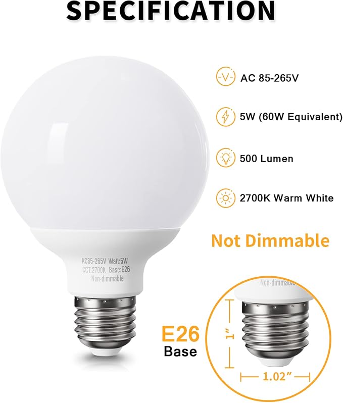 8 Pack Warm White LED Globe Light Bulbs for Bathroom, 120V 60 watt Equivalent, E26 Medium Base, Not Dimmable Vanity Light Bulbs Round, 2700K G25 LED Bulb Over Mirror