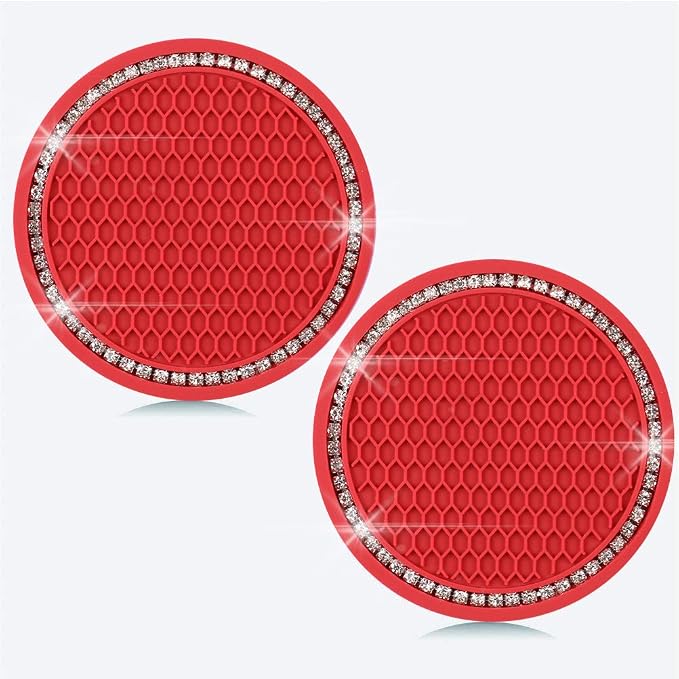 SUNCARACCL Bling Car Coasters Car Cup Holder Coaster, 2 Pack Universal Bling Vehicle Insert (2.75" Diameter), Crystal Rhinestone Car Interior Accessories (Red)