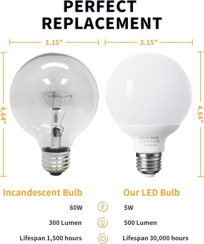 8 Pack Warm White LED Globe Light Bulbs for Bathroom, 120V 60 watt Equivalent, E26 Medium Base, Not Dimmable Vanity Light Bulbs Round, 2700K G25 LED Bulb Over Mirror
