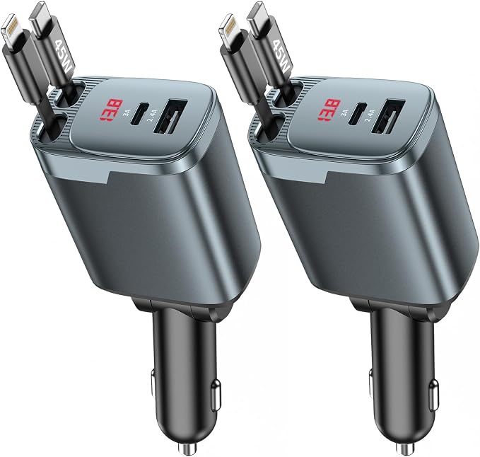 2 Pack 84W Retractable Car Charger, 4-in-1 USB C Fast Charging Adapter | Cigarette Lighter USB Charger Adapter, Fast charge for iPhone 17-11 & Samsung, Ideal Car Accessories & Gifts for Men Women