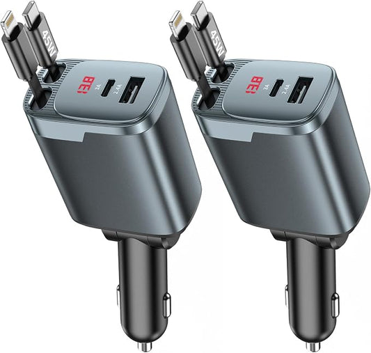 2 Pack 84W Retractable Car Charger, 4-in-1 USB C Fast Charging Adapter | Cigarette Lighter USB Charger Adapter, Fast charge for iPhone 17-11 & Samsung, Ideal Car Accessories & Gifts for Men Women